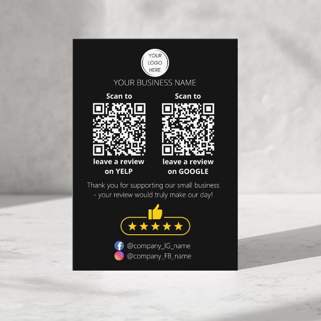 QR code small business review GOOGLE and YELP  Card (Black QR-code "leave a review" business card. Five stars review. Custom logo, yelp and google)