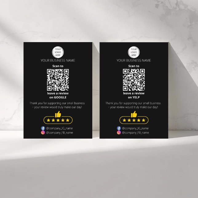 QR code small business review GOOGLE and YELP  Card (Two sided QR-code "leave a review" business card. Five stars review. Custom logo, yelp and google)