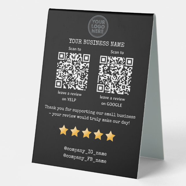 QR code small business review GOOGLE and YELP  Table Tent (Front)