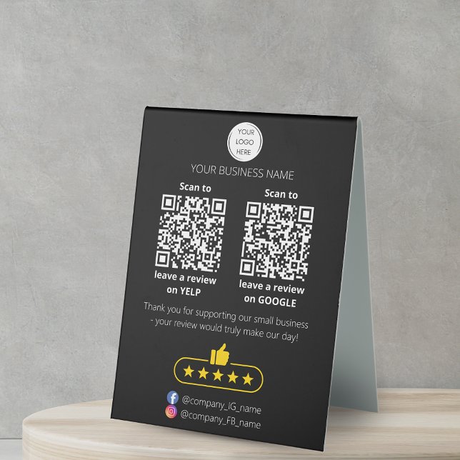 QR code small business review GOOGLE and YELP  Table Tent (Creator Uploaded)