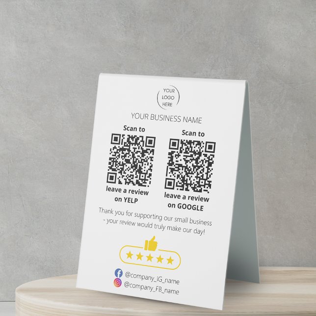 QR code small business review GOOGLE and YELP  Table Tent (Creator Uploaded)
