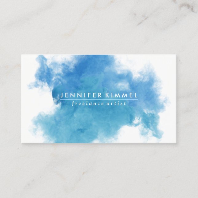 QR Code Social Media Blue Watercolor Business Card (Front)
