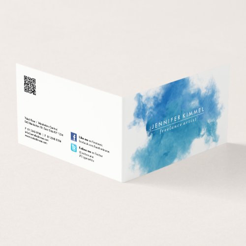 QR Code Social Media Blue Watercolor Business Card