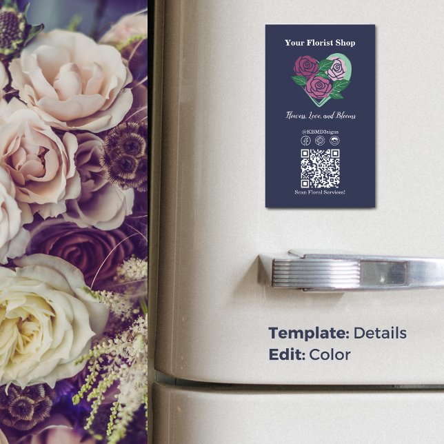 💐QR-code Social Media Purple-Blue Florist  Business Card Magnet (💐Custom Purple-Blue Florist Business Card Magnet, Heart of Roses, Social Icons, QR code)
