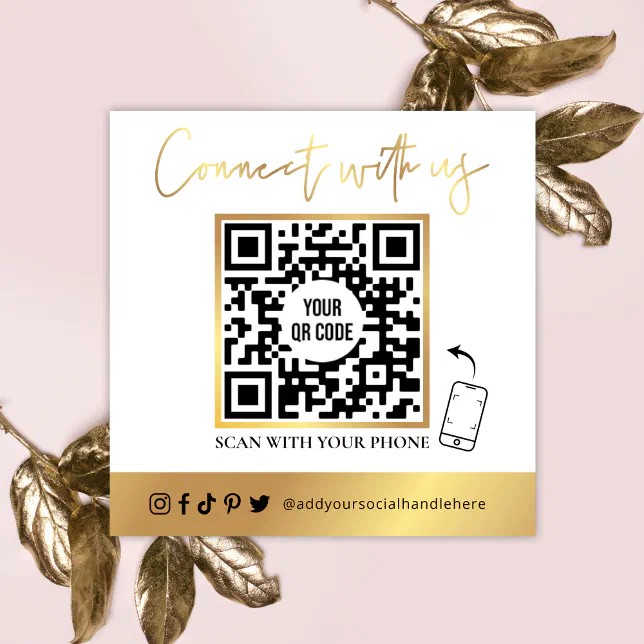 QR Code Social Media White & Gold Business Card | Zazzle