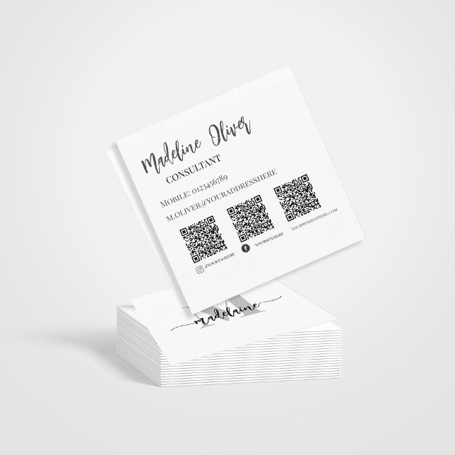 QR Code Socials Monogram Black White Elegant  Square Business Card (Creator Uploaded)