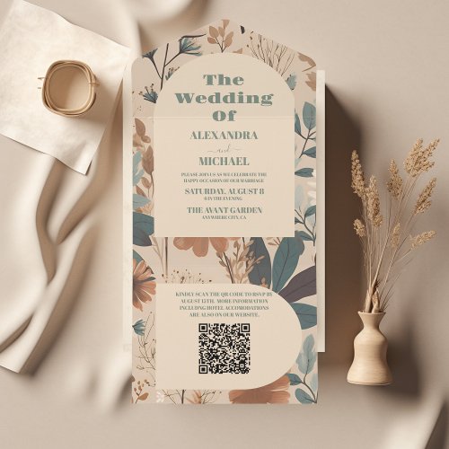 QR Code Soft muted earth tones Wildflowers Wedding All In One Invitation