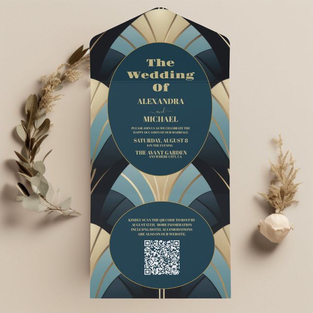 QR Code Sophisticated Blue and Gold Art Deco Weddi All In One Invitation (Creator Uploaded)