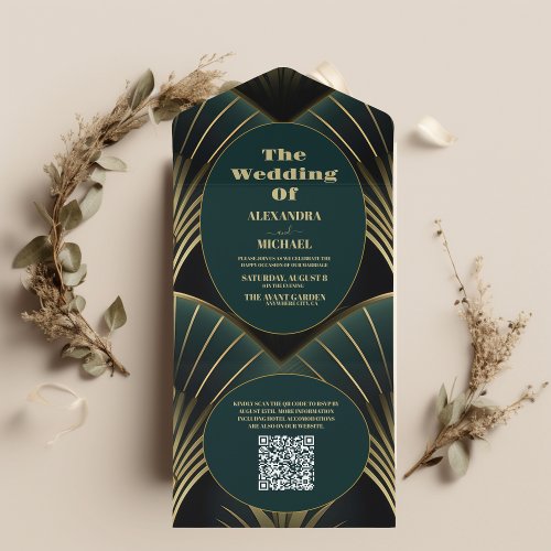 QR Code Sophisticated Green and Gold Art Deco Wedd All In One Invitation