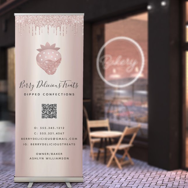 QR Code Strawberry Confection Rose Gold Glitter Retractable Banner (Creator Uploaded)