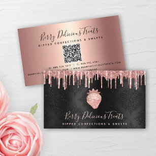 QR Code Strawberry Rose Gold Drip Confection Black Business Card