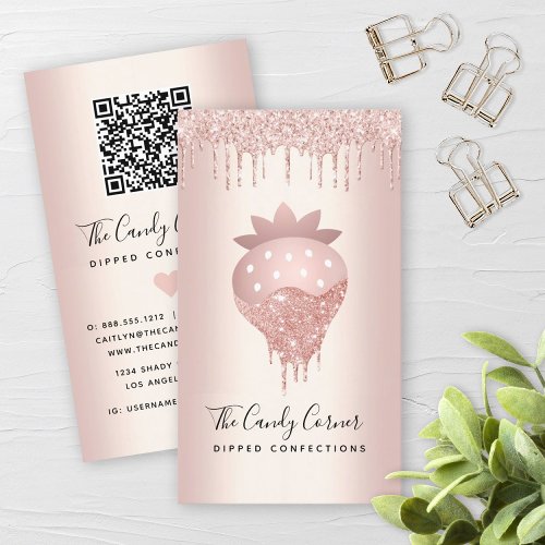 QR Code Strawberry Rose Gold Drip Confection Sweet Business Card