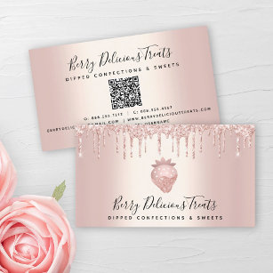 QR Code Strawberry Rose Gold Drips Confection Chef Business Card