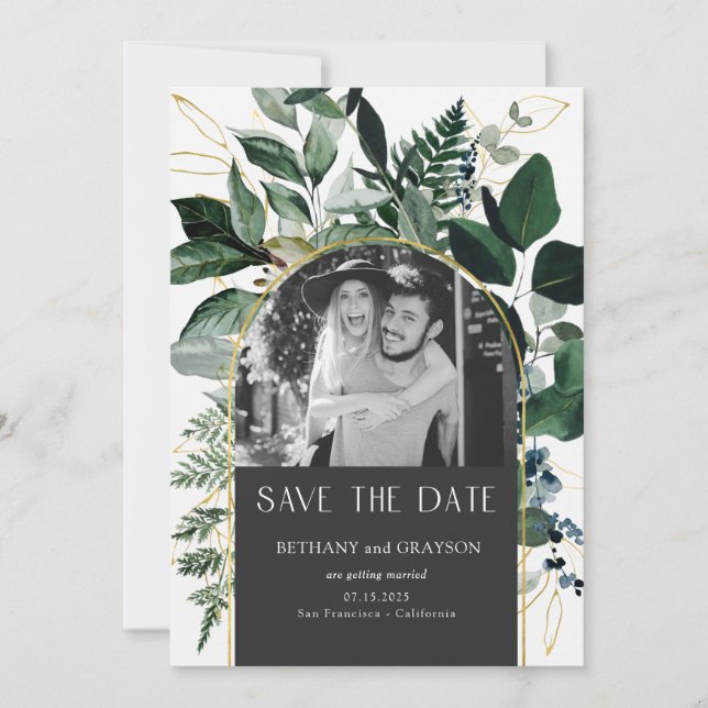 QR code Stylish Grey Botanical photo wedding Save The Date (Front)