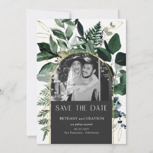 QR code Stylish Grey Botanical photo wedding Save The Date