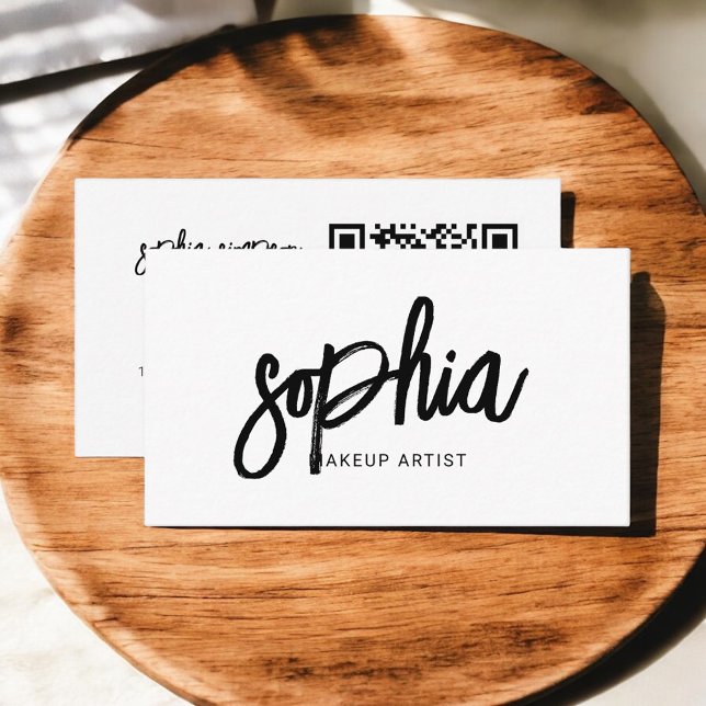 QR Code Stylish Script Girly Minimal White Business Card (Creator Uploaded)