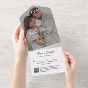 QR Code Stylish Script Photo Monogram Wedding All In One Invitation