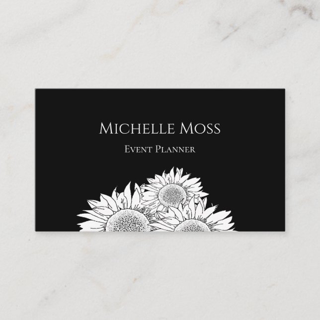 QR code Sunflowers Black White Event Planner Business Card (Front)