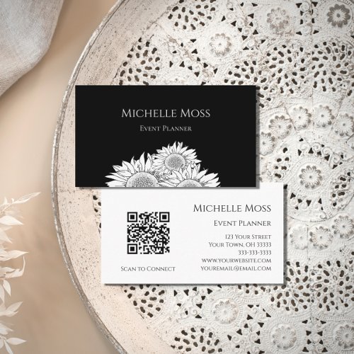 QR code Sunflowers Black White Event Planner Business Card