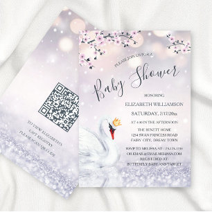 QR Code Swan Princess Mauve Baby Shower Invitation