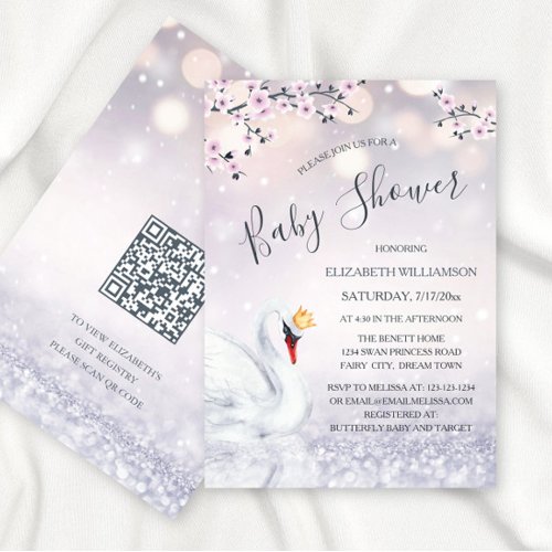 QR Code  Swan Princess Mauve  Baby Shower Invitation