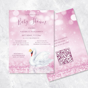 QR Code Swan Princess Pink Girl Baby Shower Invitation