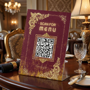 QR Code Table Sign – Vintage Gold Bordeaux Scan