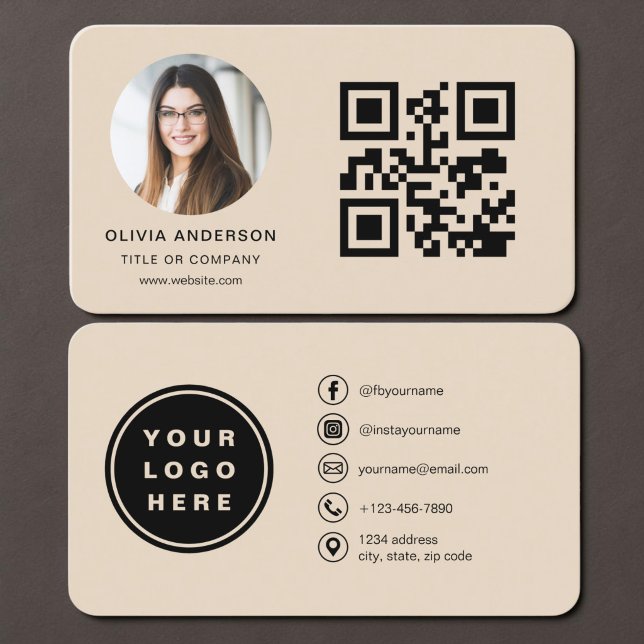 QR Code Taupe Photo  Business Card (Creator Uploaded)