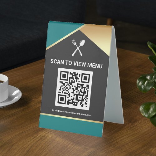 QR Code Teal Gold Digital Menu for Restaurants Table Tent Sign