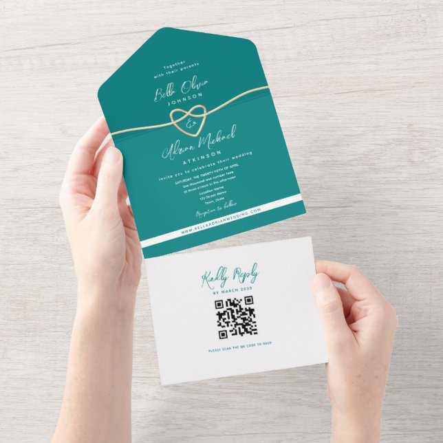 QR Code Teal Gold Heart Wedding All In One Invitation (Tearaway)