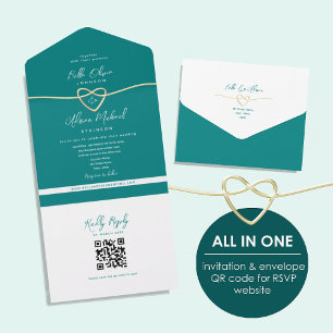 QR Code Teal Gold Heart Wedding All In One Invitation