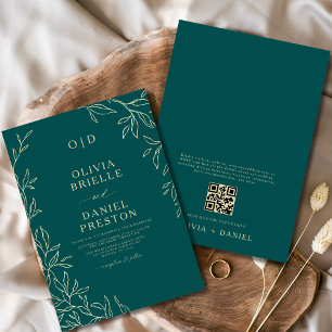 QR Code Teal Green & Gold Minimal Leaf Wedding Invitation
