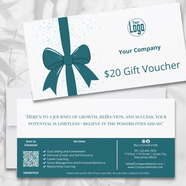 QR Code Teal Life Coach Services Gift Voucher Card (QR Code Teal Life Coach Services Gift Voucher Card, Ribbon, Logo, Company Handwritten Note)