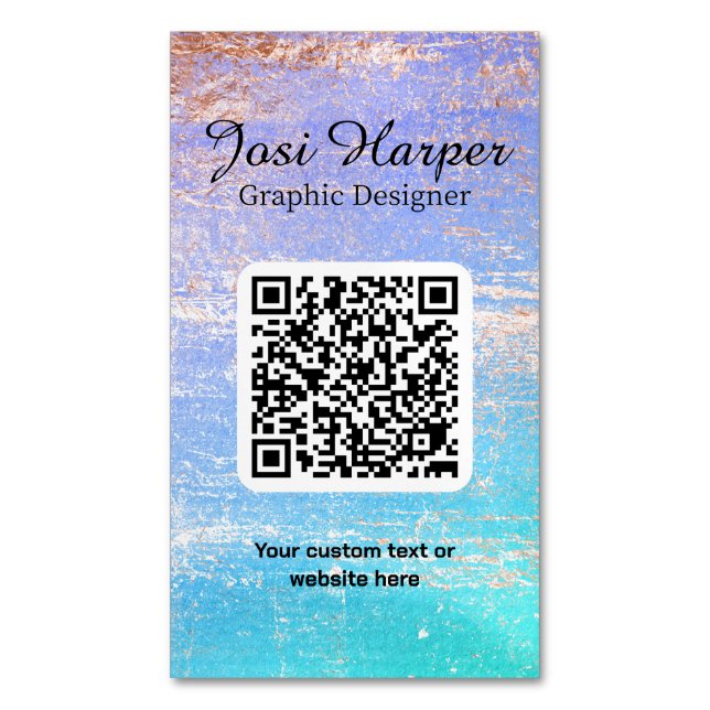 QR Code Teal Purple Gold Custom Business Card Magnet (Front Vertical)