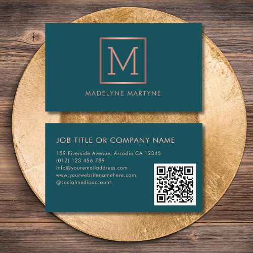 QR Code Teal Rose Gold Monogram Elegant Business Card