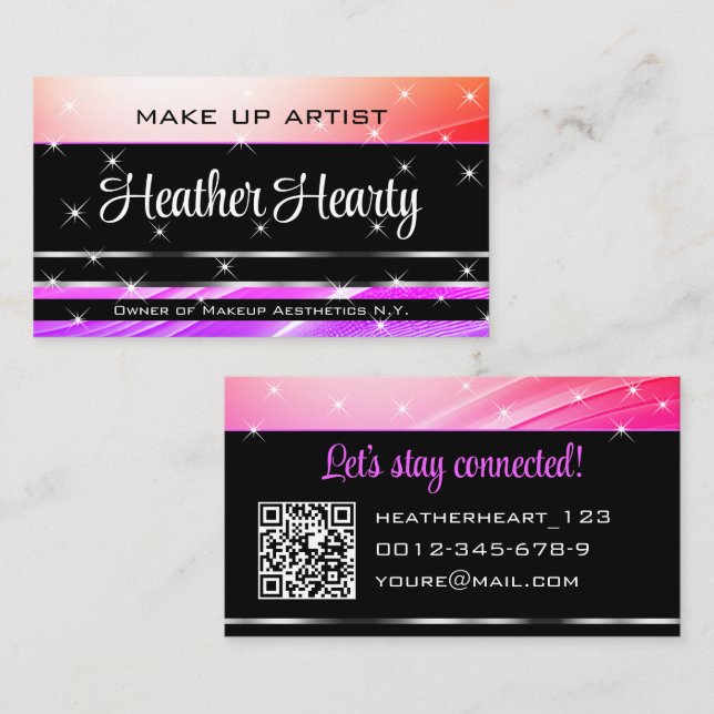 QR Code Template Deluxe Black Rainbow Pink Ombre Business Card (Front/Back)