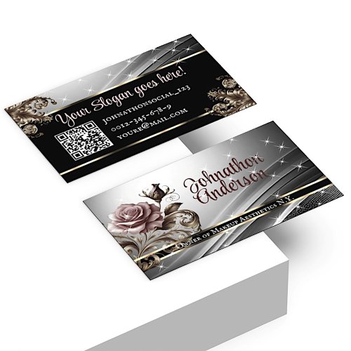 QR Code Template Deluxe Silver Rose Luxury Chic  Business Card