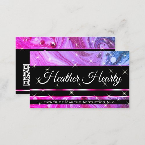 QR Code Template Luxury Marble Glitter Hot Pink Business Card