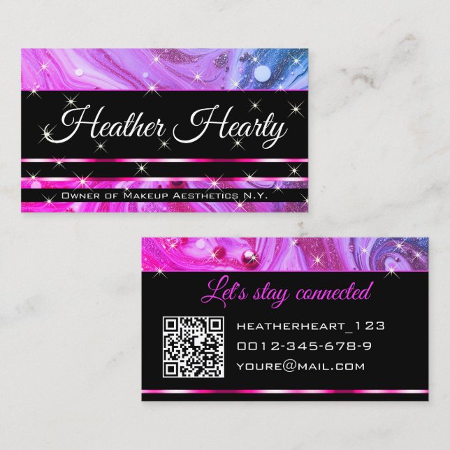 QR Code Template Luxury Marble Glitter Hot Pink Business Card (Front/Back)
