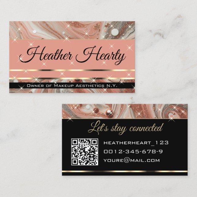 QR Code Template Luxury Marbled Glitter Peach   Business Card (Front/Back)