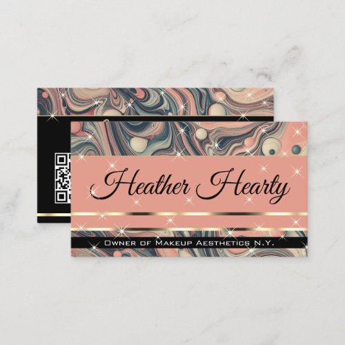 QR Code Template Luxury Marbled Peach Pink Stars Business Card