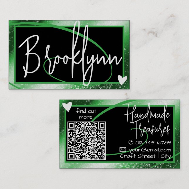 QR Code Template Stylish Forest Green Frame Heart  Business Card (Front/Back)