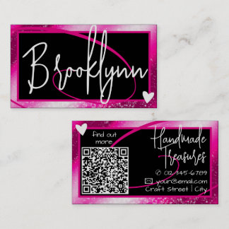QR Code Template Stylish Girly Pink Frame Heart Business Card