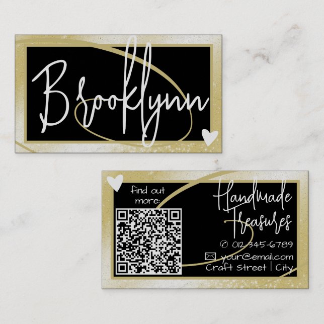 QR Code Template Stylish Light Gold Frame Heart  Business Card (Front/Back)