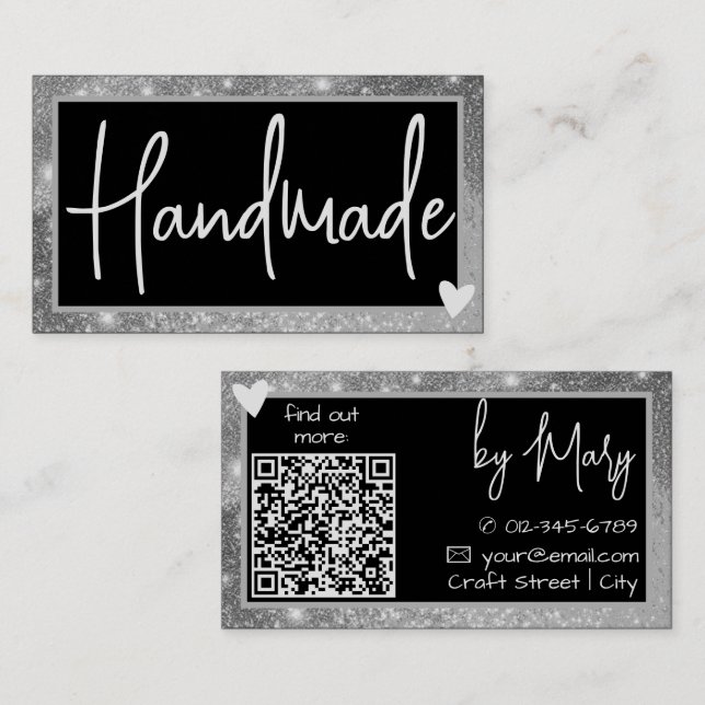 QR Code Template Stylish Silver Gray Frame Heart  Business Card (Front/Back)
