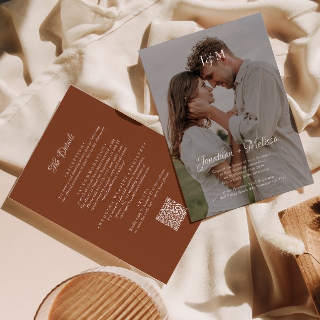 QR Code Terracotta Budget Monogram Overlay Wedding Invitation (Creator Uploaded)