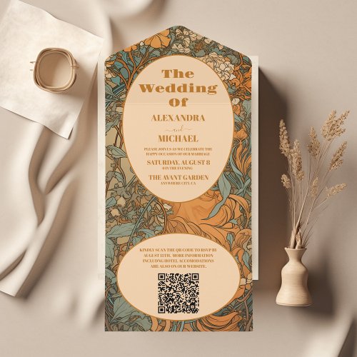 QR Code Terracotta Floral Art Nouveau Wedding All In One Invitation