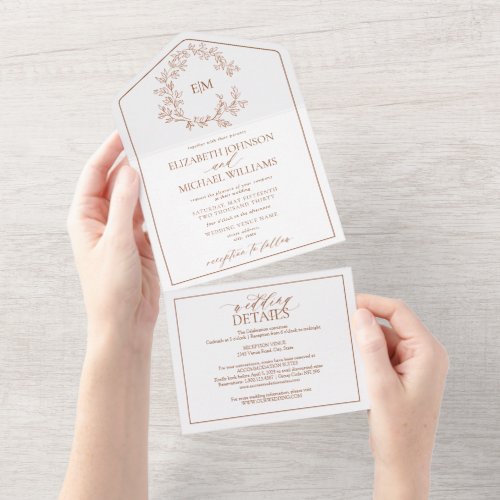 QR Code Terracotta Leafy Crest Monogram Wedding All In One Invitation