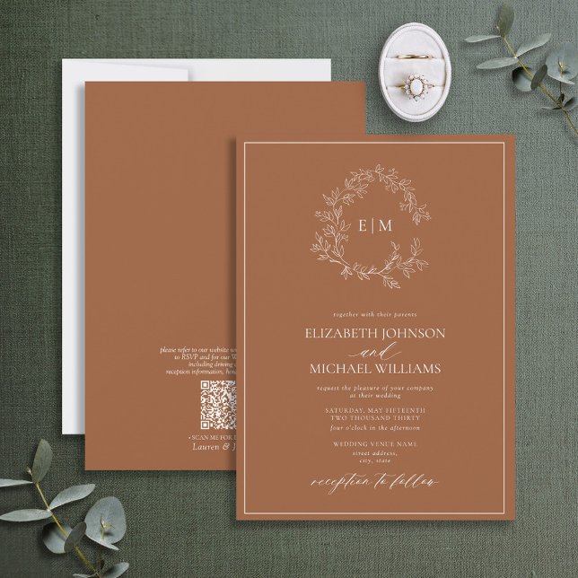QR Code Terracotta Leafy Crest Monogram Wedding Invitation (Creator Uploaded)