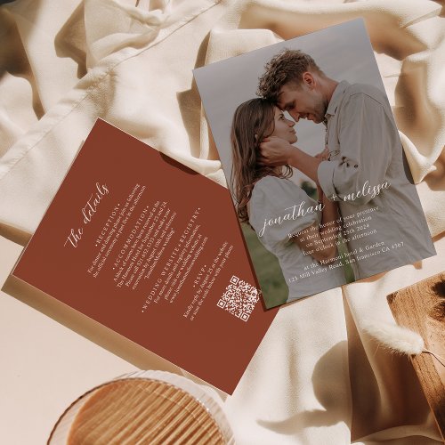 QR code Terracotta Photo Overlay Script Wedding Invitation